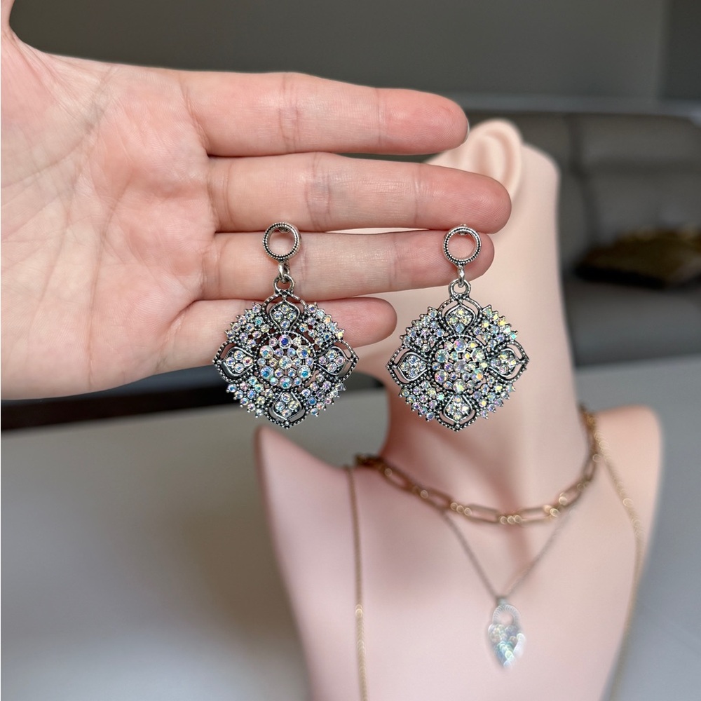 Silver-Tone Crystal Cluster Drop Earrings - Picture 7 of 9